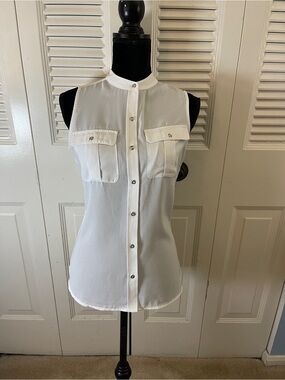 Banana Republic White Sleeveless Band-Collar Blouse